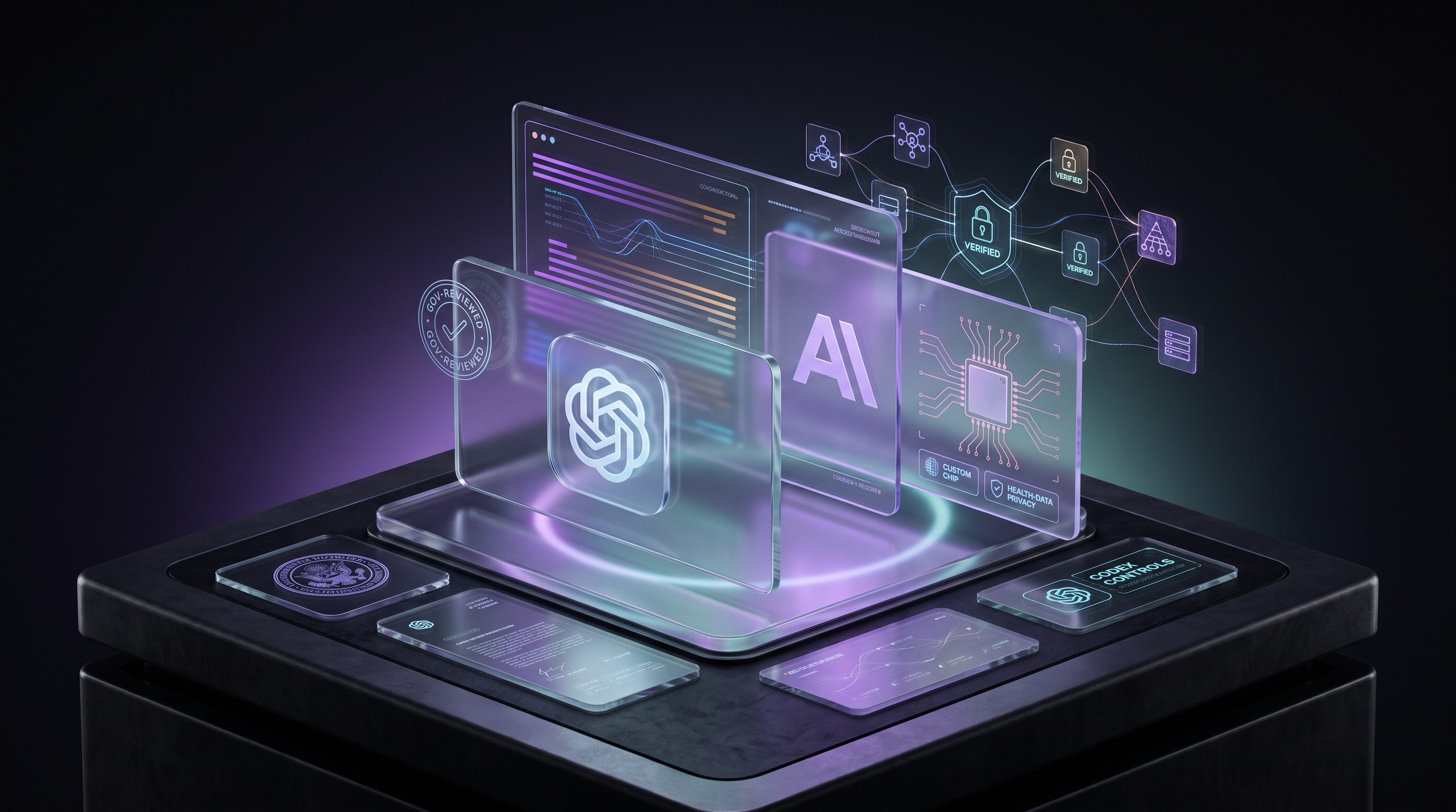 MuseLabs-style futuristic editorial cover showing AI governance, OpenAI and Anthropic cues, policy documents, chips, cybersecurity graphs, and verification layers.