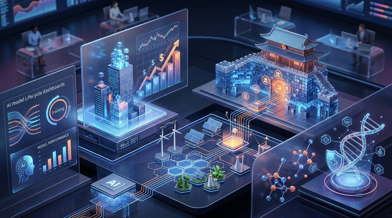 Abstract technology pattern representing AI infrastructure and operating ledgers.
