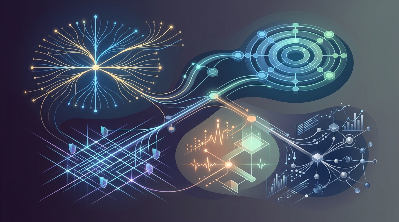 Abstract technology pattern representing the widening control layer of artificial intelligence.